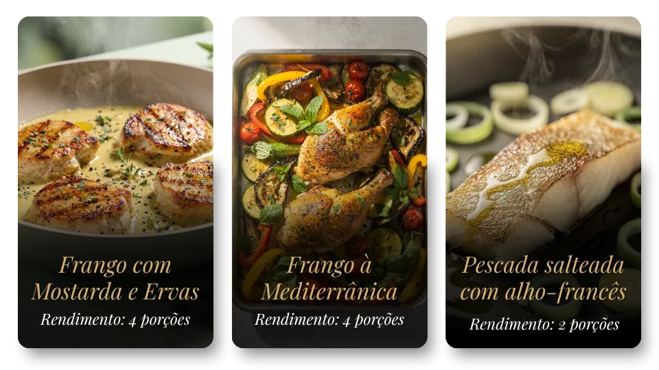 Receitas disponíveis no método - Frango com Mostarda, Frango à Mediterrânica, Pescada